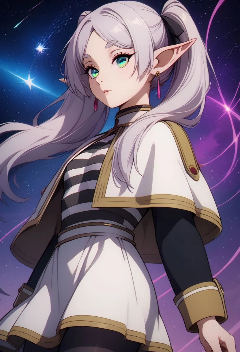 score_9, score_8_up, score_8, medium breasts, (curvy), cute, eyelashes, rating_safe,
BREAK,
zzFrieren, long hair, twintails, green eyes, grey hair, pointy ears, elf, shirt, long sleeves, jewelry, earrings, striped, capelet, striped shirt, white skirt, black pantyhose,
BREAK,
dynamic angle, stars, floating, colorful, pink, blue eyes, black bow, from side, on back, spaceship, technological,
zPDXL,