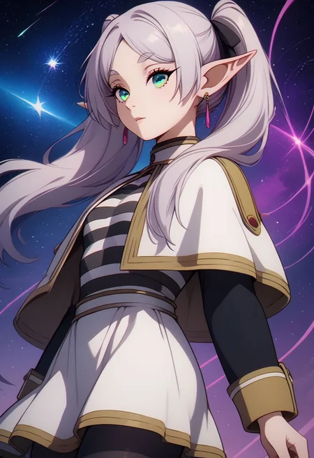 score_9, score_8_up, score_8, medium breasts, (curvy), cute, eyelashes, rating_safe,
BREAK,
zzFrieren, long hair, twintails, green eyes, grey hair, pointy ears, elf, shirt, long sleeves, jewelry, earrings, striped, capelet, striped shirt, white skirt, black pantyhose,
BREAK,
dynamic angle, stars, floating, colorful, pink, blue eyes, black bow, from side, on back, spaceship, technological,
zPDXL,