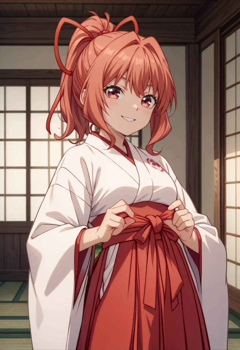score_9, score_8_up,
1girl, <lora:AmagamiYuna_Amagamisan_PDXL:0.8>, amagamiyuna, ponytail, red ribbon, hair ribbon,
japanese clothes, miko, hakama skirt, red hakama, white kimono, wide sleeves,
indoors, slight smile