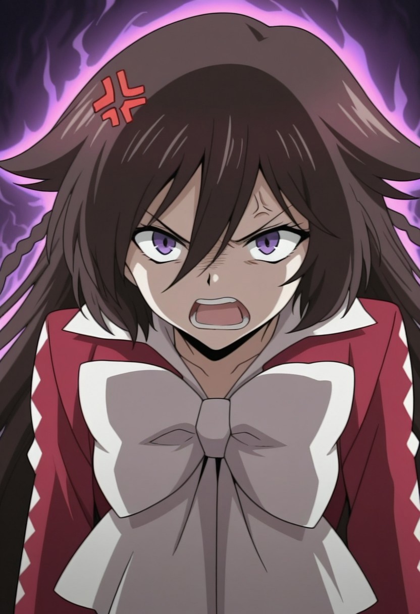 masterpiece,best quality,amazing quality, source_anime, 
PHalic, 1girl, solo, purple eyes, brown hair, very long hair, braid, dress, red dress, bow, white bow, angry, anger vein, evil aura, parody,