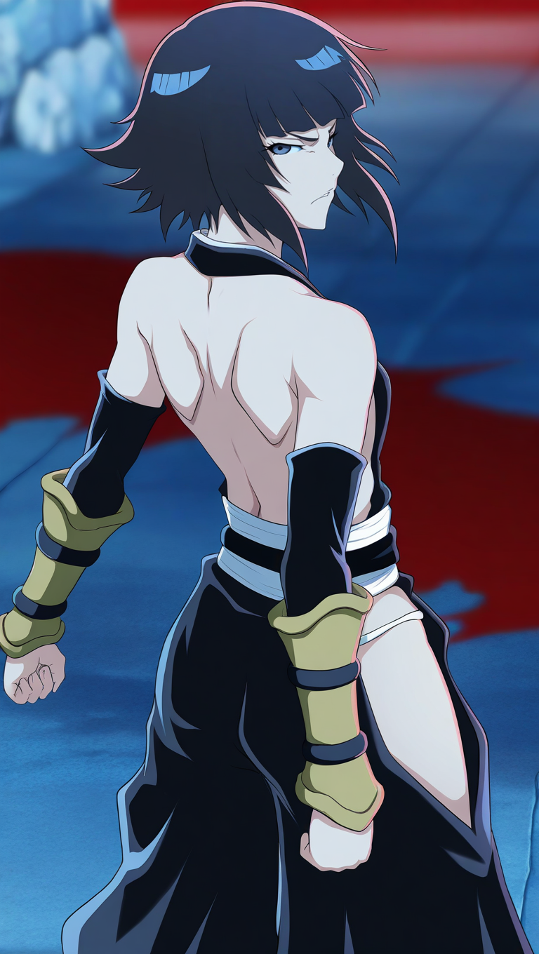 source_anime, masterpiece, best quality, amazing quality, high quality, 8k, absurdres, 1girl, solo, looking at viewer, from behind, standing, arms at sides, back, serious, <lora:Soifon_TYBW_iL:0.8>, s01f0n tybw, blue eyes, short hair, black hair, short hair with long locks, bangs, blunt bangs, soul reaper outfit, sleeveless kimono, detached sleeves, sleeveless, japanese clothes, puffy pants, bare shoulders, black kimono, collarbone, white waistband, black sash,
