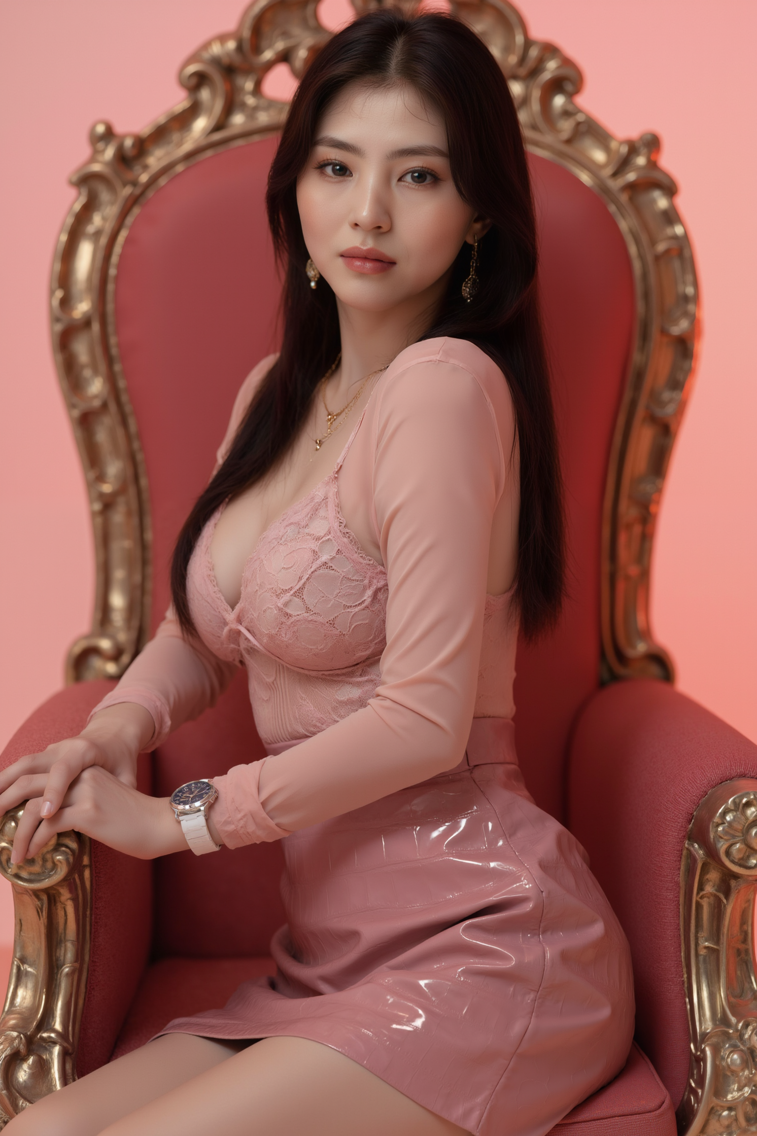 This is a high-resolution professional full body photograph featuring a young woman elegantly posed on an ornate throne-like chair with rich pink upholstery and gold accents. The subject is positioned with a slight turn of the shoulders, creating a dynamic silhouette against the luxurious backdrop.

She is wearing SGWN11Clothing, sheer long-sleeve lace top, shiny leather skirt.

The lighting features a high-contrast, monochromatic white color scheme that creates a moody, intimate atmosphere. 

The photography technique uses what appears to be soft lighting to create a glamorous effect, with careful attention to highlighting contours while maintaining the dominant pink color scheme throughout the frame.

The overall aesthetic combines elements of fashion photography, traditional Asian visual motifs, and contemporary boudoir styling. The dramatic pink lighting creates a cohesive visual theme that ties all elements of the composition together.

The white light emit on her to show her feature.