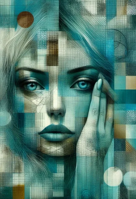 Abstract digital painting of a sad woman, her face is surrounded by diagnal cross hatching patterns of geometric objects, circles, square, and other intricate patterns and lines, blue palette