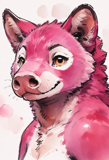 Score_9, score_8_up, score_7_up, watercolor, sketch, close up, 3/4 view, white background,
full body, tiny tail, long nose, round nose, pink fur, yellow eyes,
anthro, (source_furry), M0unta1n_Tap1r