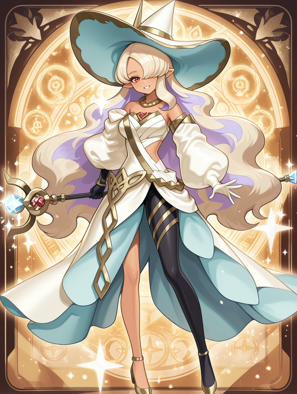 celeb rose magician,1girl,hair over one eye,solo,smile,staff,dark-skinned female,looking at viewer,white dress,full body,sparkle,white witch hat,gold high heels,single black leg pantyhose,gold necklace,outstretched hand,white puffy long sleeves,magic circle,
masterpiece,best quality,amazing quality,very aesthetic,absurdres,newest,<lora:Celeb Rose Magician & Witch illuXL v1:0.74>,