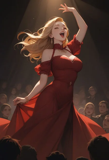 score_7_up, score_6_up, score_9, score_8_up, 1 girl,
opera singer, plump woman, red dress, long blonde hair,
singing, arm stretched out,
opera hall, on a stage, audience infront, (dark room), ((spotlight shining on her)), curtains behind her