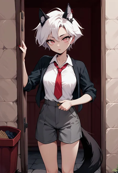 score_9, score_8_up, score_7_up, score_6_up, c1ca,1girl,adult,bare_legs, impossible_clothes, body_silhouette, adjusting clothes, eye_contact, perfect_breasts, lips parted, slim, short hair, pink eyes, white hair, animal ears, red piercing, black wolf tail,ruanyi1043, white shirt, red tie, grey shorts, fishnets, standing, cute_expression, outdoors,porch,doorway,