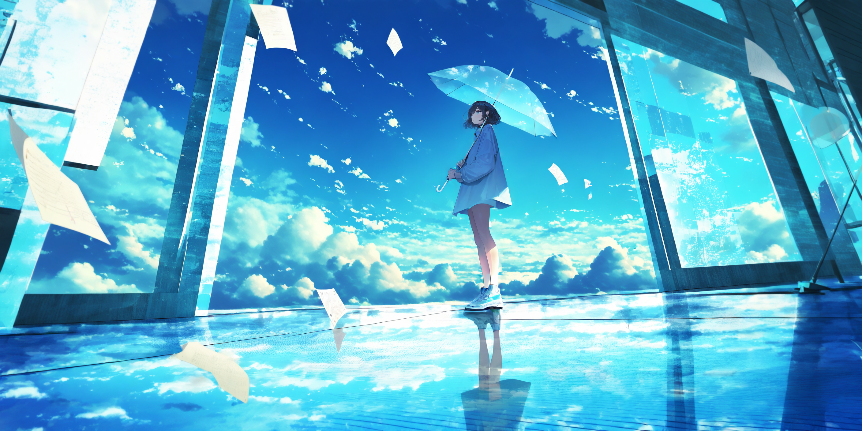 1girl, umbrella, solo, sky, cloud, paper, black hair, holding, blue sky, blue theme, reflection, holding umbrella, standing, short hair, building, reflective floor, paper airplane, wide shot, transparent, outdoors, cloudy sky, long sleeves, day <lora:lifelineXL_NB11_lokr_V6311P:0.95>
