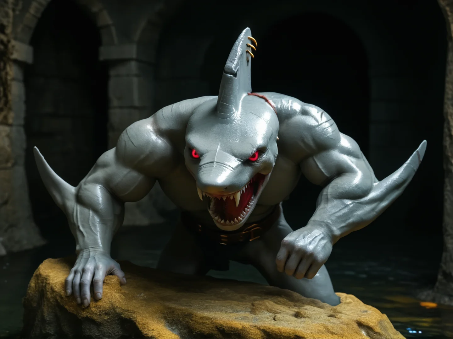 masterpiece, best quality, high quality, highres, absurdres, screencap, no humans
, 1boy, solo, male focus
, dungeon, sewer
, BREAK
<lora:__Bloodnose (Everhood2) [Pony]:1>, bl00dn0s3, shark, muscular male, grey skin, red eyes, black sclera, scar on face, scar on mouth, sharp teeth, shark fin, fin scar, fin piercing, gills
, smirk, on rock, posing, evil smile