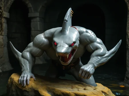 masterpiece, best quality, high quality, highres, absurdres, screencap, no humans
, 1boy, solo, male focus
, dungeon, sewer
, BREAK
<lora:__Bloodnose (Everhood2) [Pony]:1>, bl00dn0s3, shark, muscular male, grey skin, red eyes, black sclera, scar on face, scar on mouth, sharp teeth, shark fin, fin scar, fin piercing, gills
, smirk, on rock, posing, evil smile