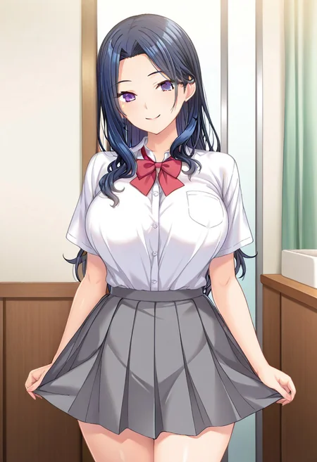 FujiMari, dark blue hair, long wavy hair, purple eyes, smile, standing, white shirt, red bowtie, pleated grey skirt, short sleeves, indoors,
BREAK
(absurdres, best quality, masterpiece:1.4), amazing quality, highres, newest, detailed, detailed body, detailed face, beautiful, looking at viewer, 1girl, solo,