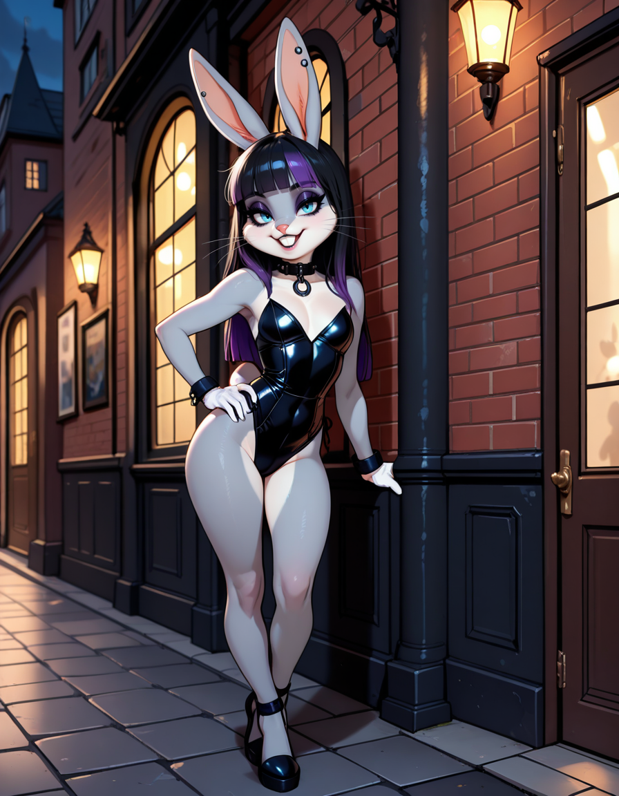 masterpiece, best quality, very aesthetic, absurdres,
outdoors, goth fashion, 
full body, posing, standing, 
seductive smile, parted lips, long eyelashes,
<lora:Goth_Bugs_Bunny_v01_NAIXL:1>
G07h88,1girl,solo,furry,furry female,rabbit girl,rabbit ears,long hair,multicolored hair,black hair,purple hair,blunt bangs,rabbit ears,piercing,blue eyes,makeup,eyeshadow,snout,animal nose,whiskers,buck teeth,collar,body fur,two-tone fur,grey fur,white fur,rabbit tail,