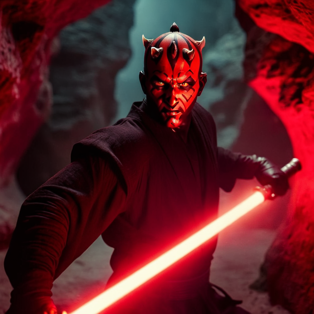 cinematic film still of  <lora:Darth Maul:1.2>
Darth Maul with a red light saber in a cave in star wars universe, shallow depth of field, vignette, highly detailed, high budget, bokeh, cinemascope, moody, epic, gorgeous, film grain, grainy