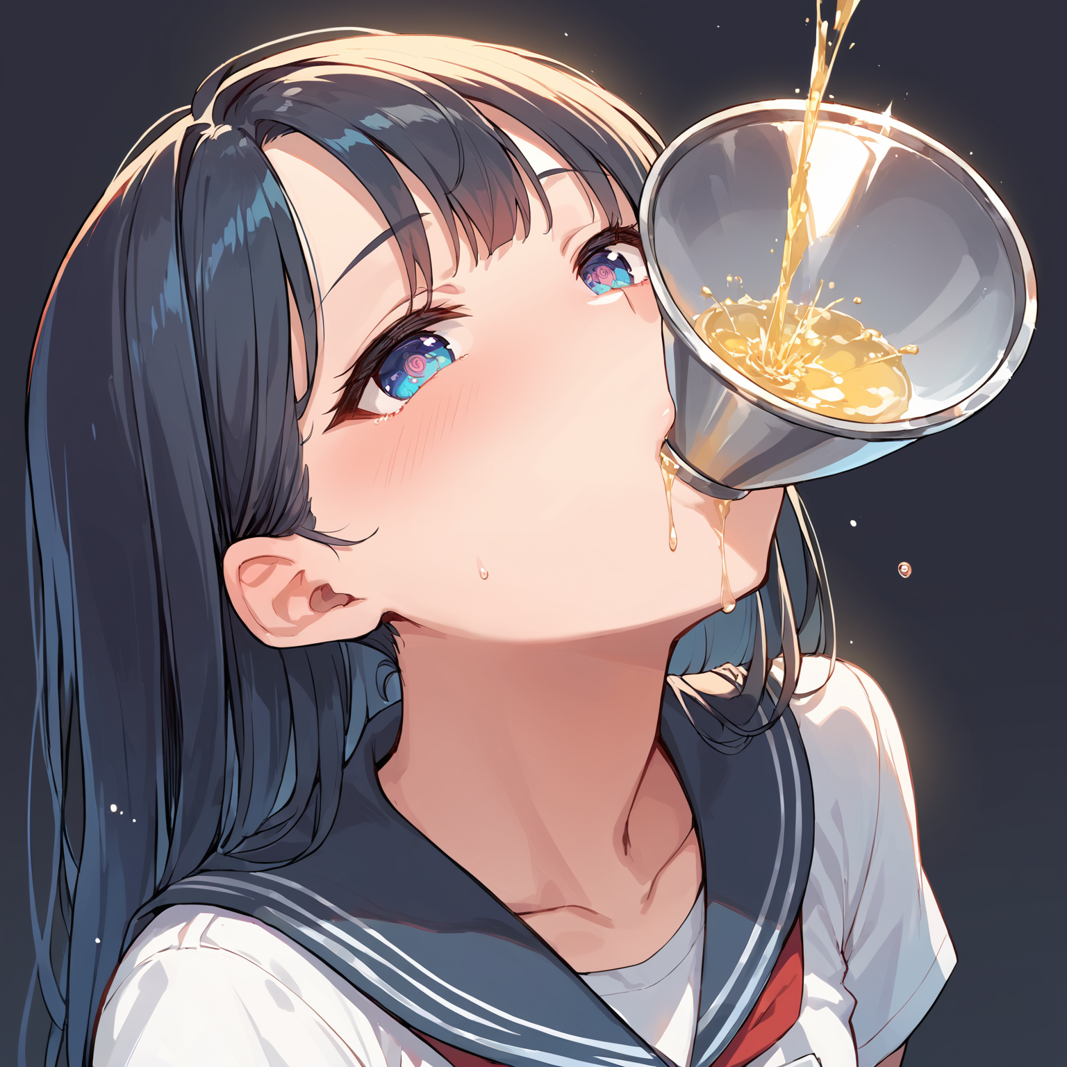 score_9, score_8_up, score_7_up,source_anime, high res image,masterpiece,best quality,girl,cute face,clear skin,shiny hair,ultra detailed eyes,simple background , <lora:infundibulum insertion_pony_V1.0:1> infundibulum insertion,insert mouth,pee