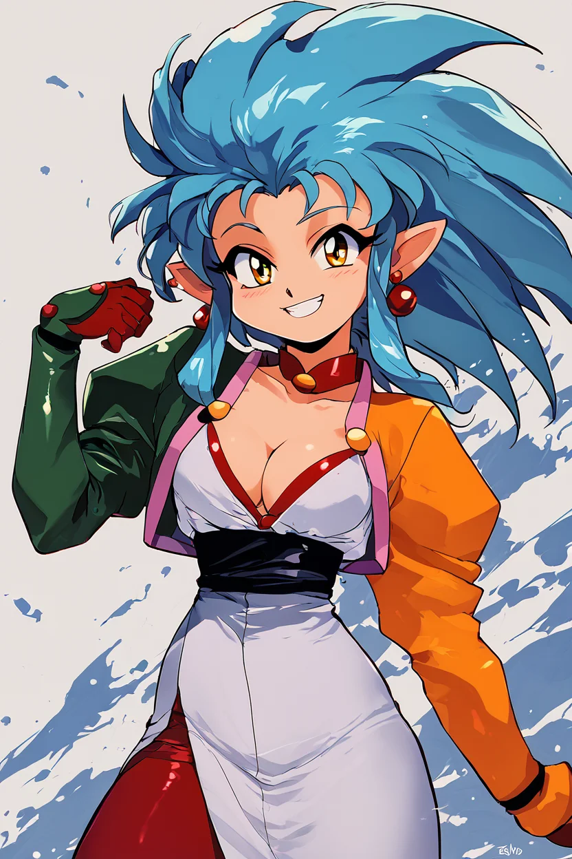 score_9, score_8_up, score_8, medium breasts, (curvy), cute, eyelashes, BREAK, , zzRyouko, spiked hair, long hair, yellow eyes, pointy ears, blue hair, cleavage, long sleeves, gloves, jewelry, earrings, retro artstyle, 1990s (style), <lora:Ryouko_PDXL:1.0>,, BREAK, smile, looking at viewer, cowboy shot, ,,, embedding:zPDXL, Expressiveh, ,,, <lora:Zankuro_Style_PDXL:0.8> <lora:SDXLFaeTastic2400:0.5>, <lora:Expressive_H-000001:0.4>,