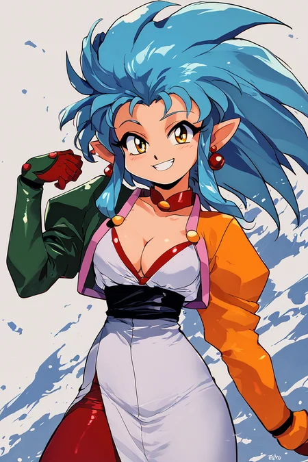 score_9, score_8_up, score_8, medium breasts, (curvy), cute, eyelashes, BREAK, , zzRyouko, spiked hair, long hair, yellow eyes, pointy ears, blue hair, cleavage, long sleeves, gloves, jewelry, earrings, retro artstyle, 1990s (style), <lora:Ryouko_PDXL:1.0>,, BREAK, smile, looking at viewer, cowboy shot, ,,, embedding:zPDXL, Expressiveh, ,,, <lora:Zankuro_Style_PDXL:0.8> <lora:SDXLFaeTastic2400:0.5>, <lora:Expressive_H-000001:0.4>,