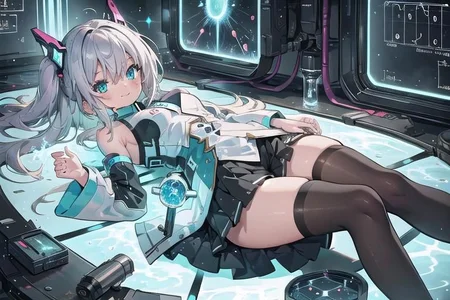 (masterpiece), (science fiction:1.4), 1girl, lying on the back on a mirror, lying on the back on a mirror, lying on the back on a mirror, smile, silver hair, aqua eyes, headgear, long sleeves, detached sleeves, glowing energy clothing, light particles, energy particles, perfect hands, perfect legs