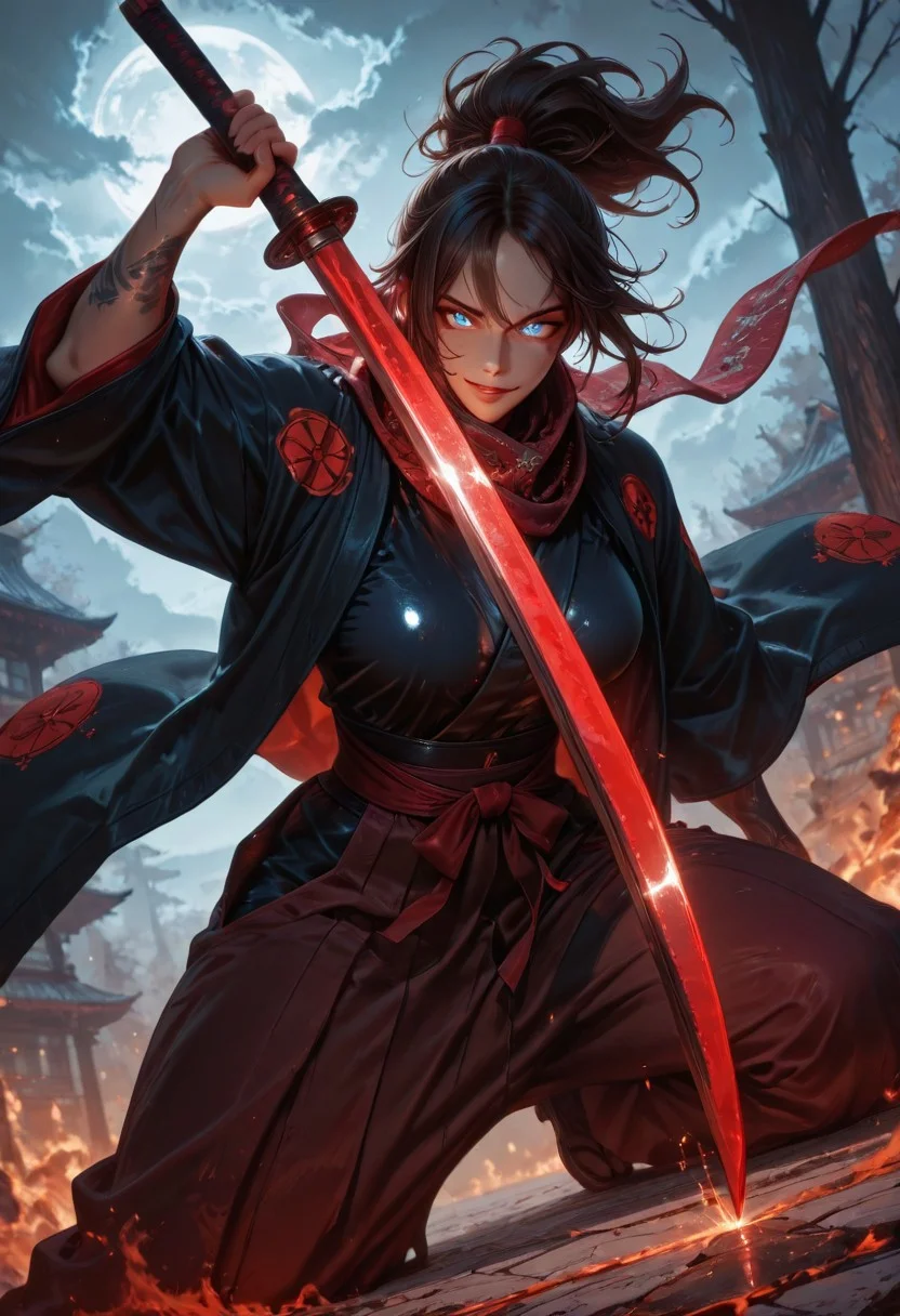 masterpiece, best quality,high quality, newest, highres,8K,HDR,absurdres, 1girl, mature female, solo, ponytail, long dark brown hair, glowing blue eyes, slit pupils, sexy smile expression, black and red checker patterned scarf, black kimono, haori, hakama pants, katana, samurai fantasy battlefield, stormy sky, dynamic pose, intense lighting, detailed background, depth of field, dynamic composition, foreshortening, detailed background, dynamic pose, dynamic composition,dutch angle, detailed backgroud,foreshortening,blurry edges <lora:iLLMythG0thicL1nes:1> G0thicL1nes
