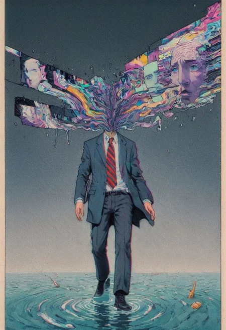 Colorful glitched Sketch By herg, Parasyte - The Maxim, glitched head depressed Business Woman Walking Home from work, water, violence, drowning,