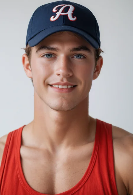 score_9, score_8_up, score_7_up, photo, photorealistic, portrait photo, <lora:fratbrat_ryan_pony_really_epoch_5:1> 1boy, fb_ryan wearing a red tank-top shirt, baseball cap, smirk, white background