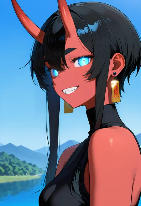 masterpiece, best quality, amazing quality, very aesthetic, absurdres, newest, scenery, 1girl, solo girl, close up,<lora:add-detail-xl:2>
<lora:Akami_Black_Pony:1> Akami Black, horns, black hair, earring, looking at viewer, smile,