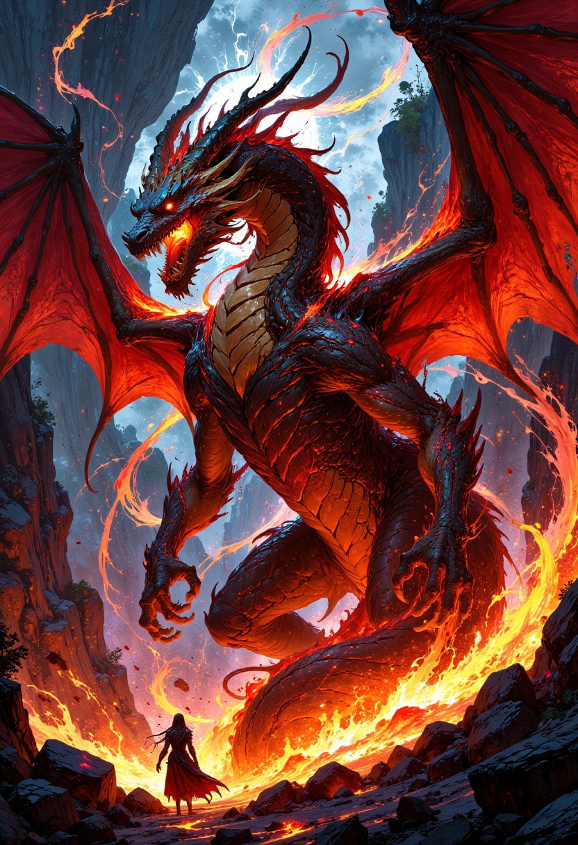 FluxEpicDragon, An awe-inspiring, larger-than-life dragon deity, exuding power and majesty amidst erupting volcanoes and swirling flames. Its massive wings are alight with fiery hues, and its eyes gleam with a mesmerizing glow. This vivid and realistic portrayal of the mythical creature is filled with intricate details, depicting scales shimmering with every shade of red and gold. The image, likely a digital painting, captures the essence of a divine being embodying the forces of nature in a truly epic manner.