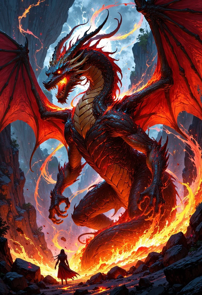 FluxEpicDragon, An awe-inspiring, larger-than-life dragon deity, exuding power and majesty amidst erupting volcanoes and swirling flames. Its massive wings are alight with fiery hues, and its eyes gleam with a mesmerizing glow. This vivid and realistic portrayal of the mythical creature is filled with intricate details, depicting scales shimmering with every shade of red and gold. The image, likely a digital painting, captures the essence of a divine being embodying the forces of nature in a truly epic manner.