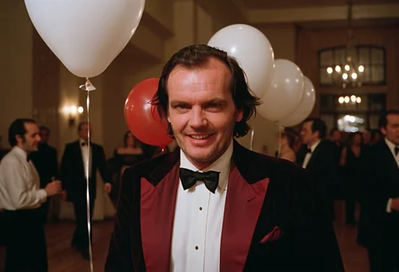 Shin1ng, Jack Torrance, man, creepy evil smile, ballroom, party, people, balloons, Overlook Hotel, indoors, (stylish grainy 35mm analog film photo)