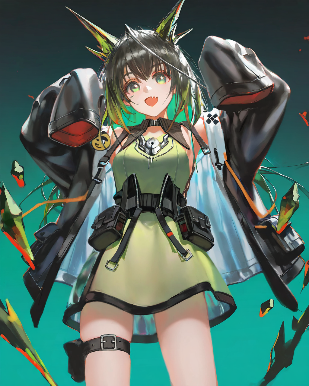 masterpiece,best quality,[[artist:wlop]],[ningen_mame],[ciloranko],[sho_(sho_lwlw)],<lora:mon3tr_(arknights)_ill:1>,1girl, character: mon3tr (arknights), solo, green background, gradient background, cowboy shot, looking at viewer, arms up, skin fang, fang, open mouth, breasts, thigh strap, thigh belt, jacket, dress, black jacket, green dress, detached collar, sleeves past fingers, belt, sleeves past wrists, personification, emoji
