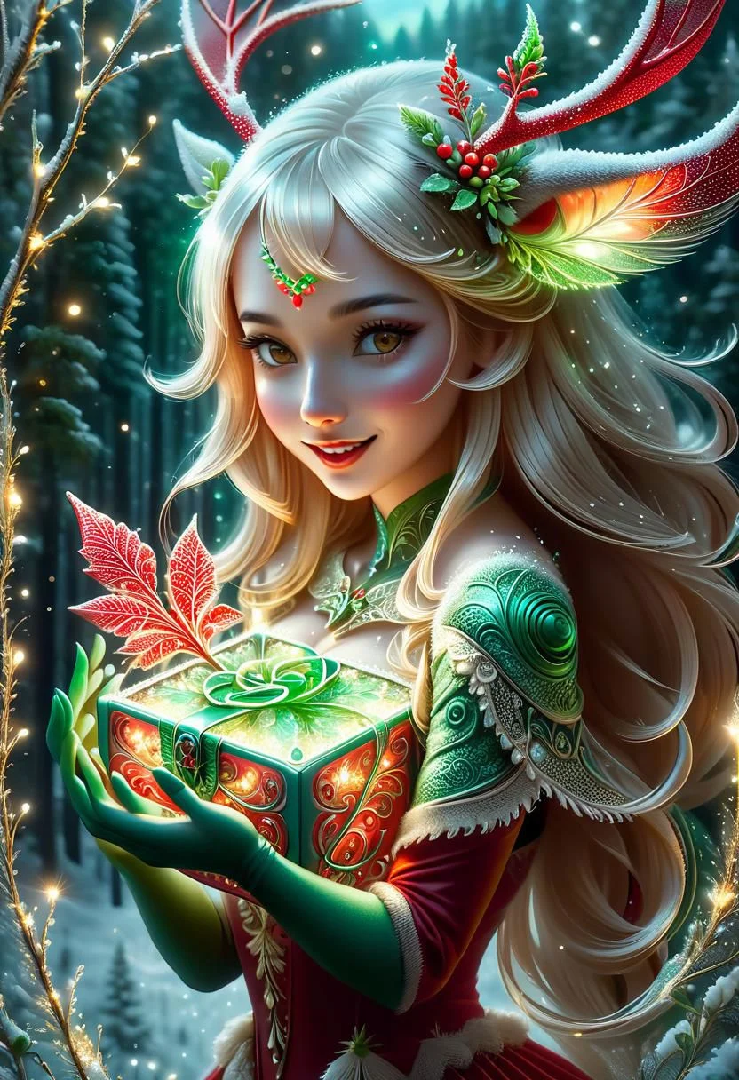 Abstract art in the style of Andy Kehoe, hyperdetailed, half body photo of a Joyful Reaction anthro woman, Holding a Gift Red Box with Green ribbon in her hands, Medium Breasts, elk antler, (((glow red nose))), (((red glowing bright snout))), emerald ornate, intricate, soft, dreamy, fireflies, golden ratio, perfect composition, pale background, seductive pose, seductive expression, holding a present,