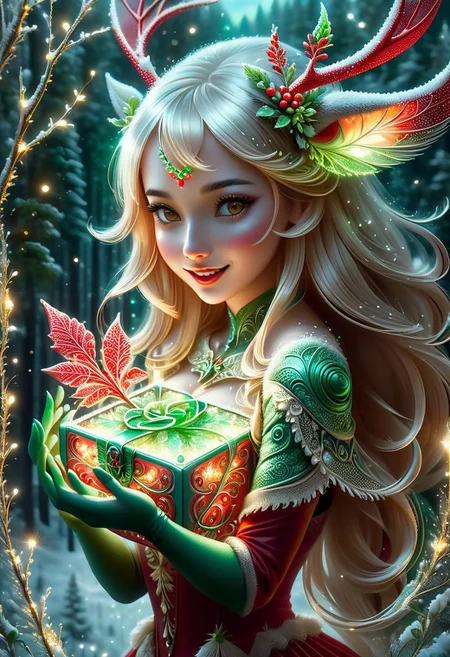 Abstract art in the style of Andy Kehoe, hyperdetailed, half body photo of a Joyful Reaction anthro woman, Holding a Gift Red Box with Green ribbon in her hands, Medium Breasts, elk antler, (((glow red nose))), (((red glowing bright snout))), emerald ornate, intricate, soft, dreamy, fireflies, golden ratio, perfect composition, pale background, seductive pose, seductive expression, holding a present,