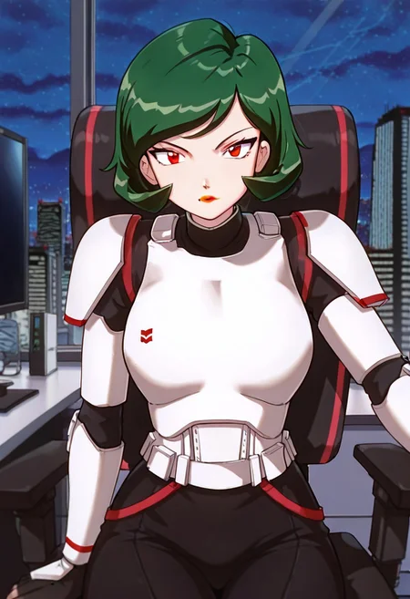 masterpiece, best quality, good quality, <lora:PMWendyIL:0.9>, PMWendy, 1girl, solo, green hair, short hair, red eyes, lipstick,stormtrooper, armor, white armor, black bodysuit, bodysuit under clothes,
looking at viewer, sitting, monitor
BREAK indoors, day, office, swivel chair, window, night sky, cityscape,