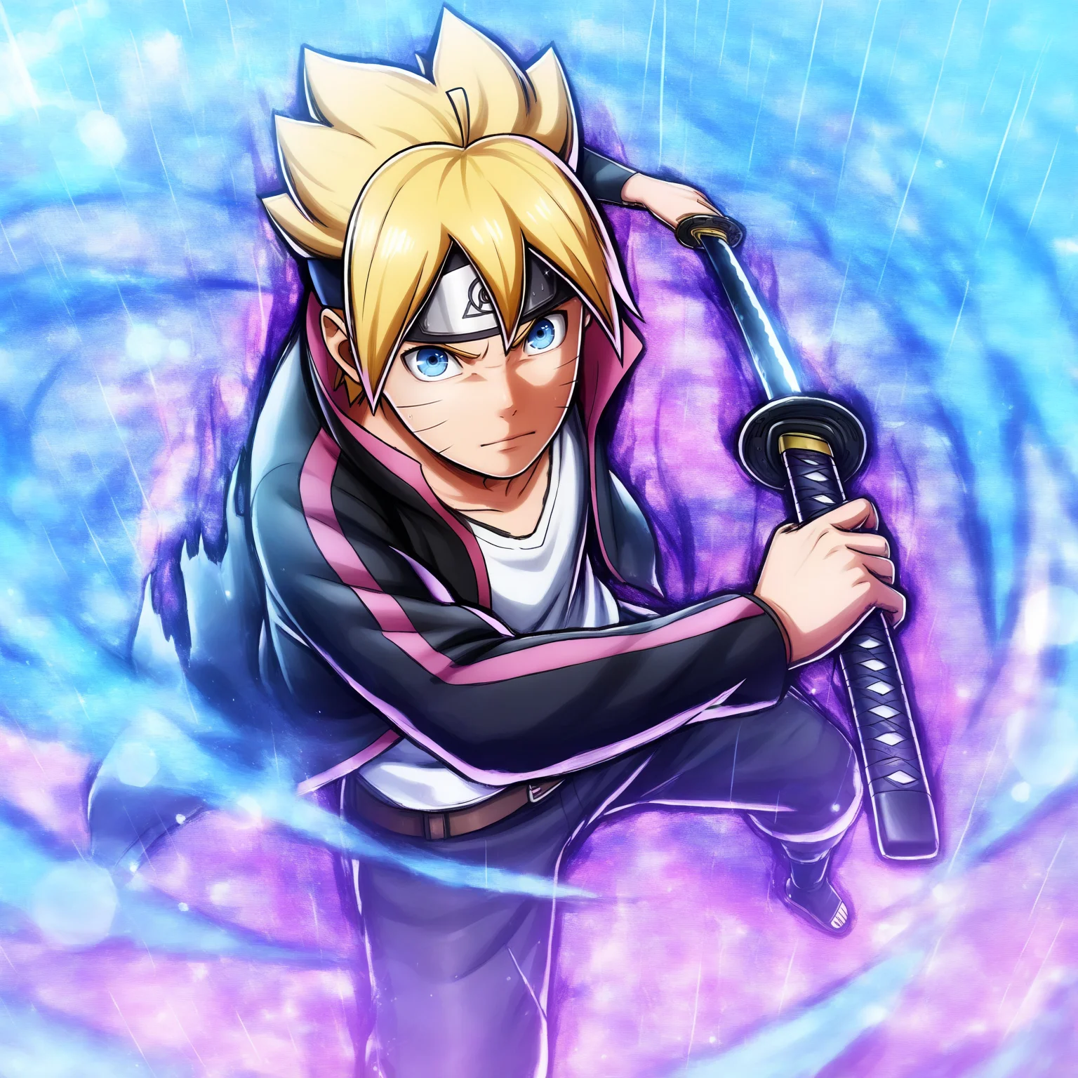 (uzumaki_boruto:1.1,
1boy, male focus, blonde hair, looking at viewer, blue eyes, holding sword, long sleeves, glowing eye, forehead protector, konohagakure symbol, open jacket, fighting stance, holding weapon, white shirt, facial mark, black pants, open clothes, katana, spiked hair, torn clothes, belt buckle, headband, black jacket, brown belt, whisker markings, short hair, ninja, rain, closed mouth
<lora:hermith-ninjavoltage(8stars)-ILL-000013:1>, (official art, lens flare, sparkle, aura, energy, magic, blue_theme),
(masterpiece, best quality, very aesthetic, absurdres),