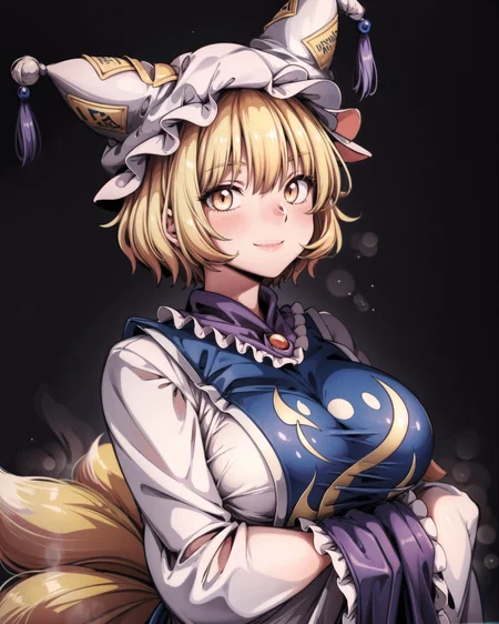 <lora:ran:1>,1girl, (animal_ears, fox_ears:1.1), arms_under_breasts, bangs, blonde_hair, breasts, brown_background, dress, fox_tail, (fox_girl, kitsune:1.1), frills, grey_background, hands_in_opposite_sleeves, hat, long_sleeves, looking_at_viewer, mob_cap, multiple_tails, pillow_hat, short_hair, simple_background, smile, solo, tabard, tail, tassel, upper_body, white_dress, white_headwear, wide_sleeves, yakumo_ran, yellow_eyes, shiny, (kbxll:0.6), masterpiece, best quality, <lora:add_detail:1>, Art_starraisins,  <lora:Art_starraisins:0.6>