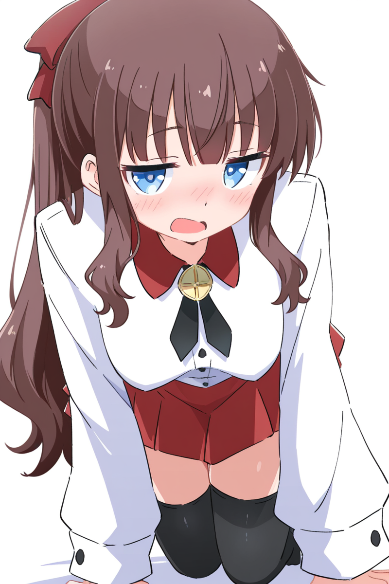 masterpiece, best quality, amazing quality,
 <lora:Cynical_IL:1> cynical, 1girl, solo, thighhighs, skirt, blue eyes, long hair, white background, brown hair, all fours, red skirt, black thighhighs, looking at viewer, shirt, open mouth, bangs, bow, ponytail, white shirt, simple background, blush, pleated skirt, long sleeves, hair bow, breasts, shadow, hifumi