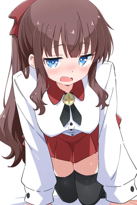 masterpiece, best quality, amazing quality,
<lora:Cynical_IL:1> cynical, 1girl, solo, thighhighs, skirt, blue eyes, long hair, white background, brown hair, all fours, red skirt, black thighhighs, looking at viewer, shirt, open mouth, bangs, bow, ponytail, white shirt, simple background, blush, pleated skirt, long sleeves, hair bow, breasts, shadow, hifumi