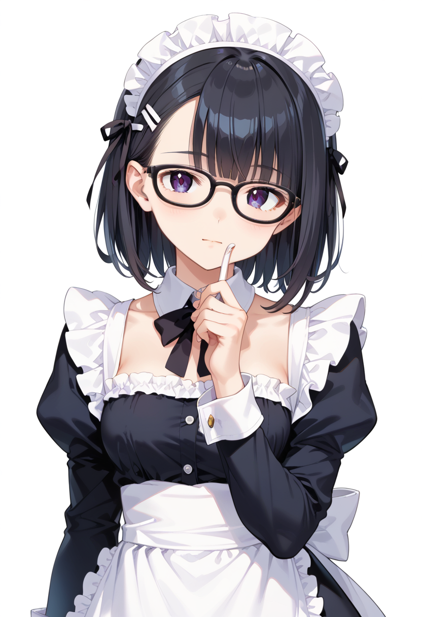 score_9, score_8_up, score_7_up, rating_safe, masterpiece, best quality, absurdres, unity 8k wallpaper, official art, official style, source_anime, uncensored, game cg, megami magazine,
1girl, solo, black hair, medium hair, upper body, covered eyes,maid, maid headdress, black dress, maid apron, face focus,
oval_cell, glasses, still life, white background, simple background, black-framed eyewear,
 <lora:glasses_OvalCell2_PONY_V1:1>