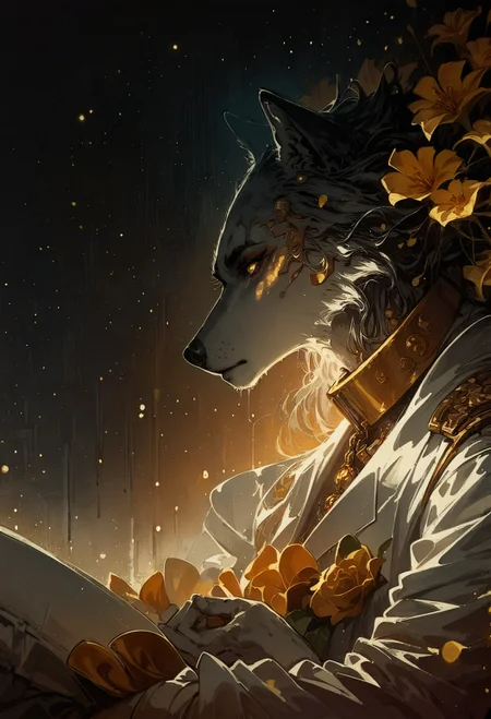 score_9, score_8_up, score_7_up,  wolf, side view, sitting, opal, bright particles, darkness, gloom, golden cherry blossom tones, Japanese aesthetic, lilies, explosive bright particles in the form of sparks of light, gold collar, black theme, black background  <lora:pony/twilight_style:0.8> <lora:pony/expressiveh:0.8> expressiveh <lora:pony/neon_cyberpunk_splash_art:0.8> <lora:sdxl/sinfully_stylish_sdxl>