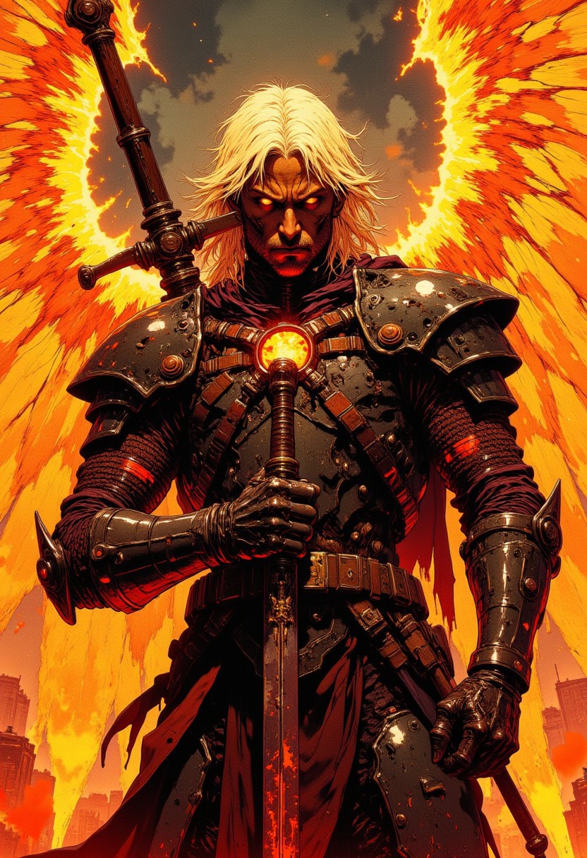 cinematic film still award winning photo .A fallen angel unsheaths his flaming sword to slay his foes. Never again shall gods light illuminate him.Deep depth of field, vignette, highly detailed, high budget, bokeh, cinemascope, moody, epic, gorgeous, film grain, grainy,anime, cyberpunk, Comic book style, CAICO