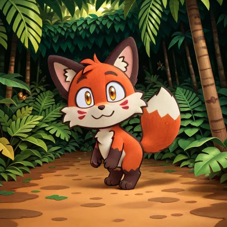 (((stkrstar:1))), adorable, cute, solo, 1boy, smile, looking at viewer, fox, kitsune, red markings, jungle, dense jungle
