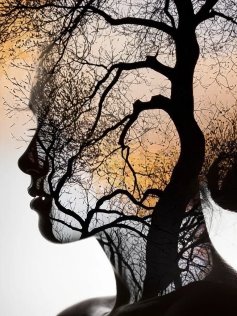 free flowing, high definition, color theory, stunning, sharp focus, portrait of a girl, double exposure tree black silhouette , amora-style <lora:antonio-mora-style:1>