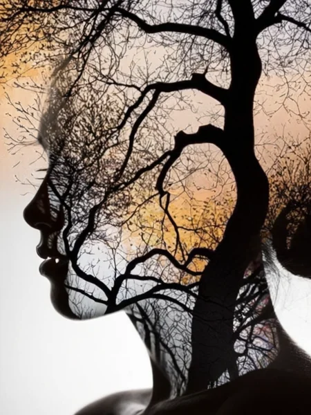 free flowing, high definition, color theory, stunning, sharp focus, portrait of a girl, double exposure tree black silhouette , amora-style <lora:antonio-mora-style:1>