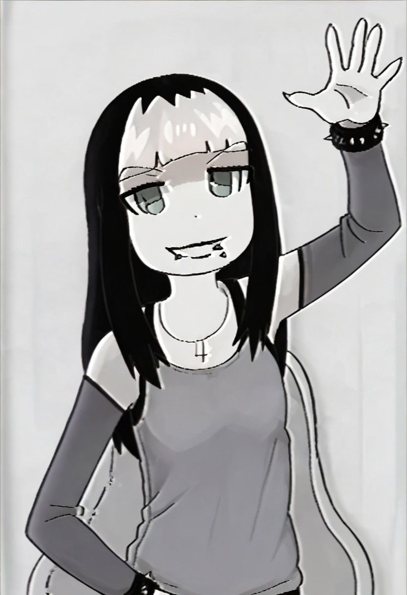 score_9,score_8_up,score_7_up,score_6_up, source anime BREAK, 
1girl, Tiffy, multicolored hair, two tone hair, black hair, white hair, long hair, lip piercing, solo, dynamic pose, potrait, white background