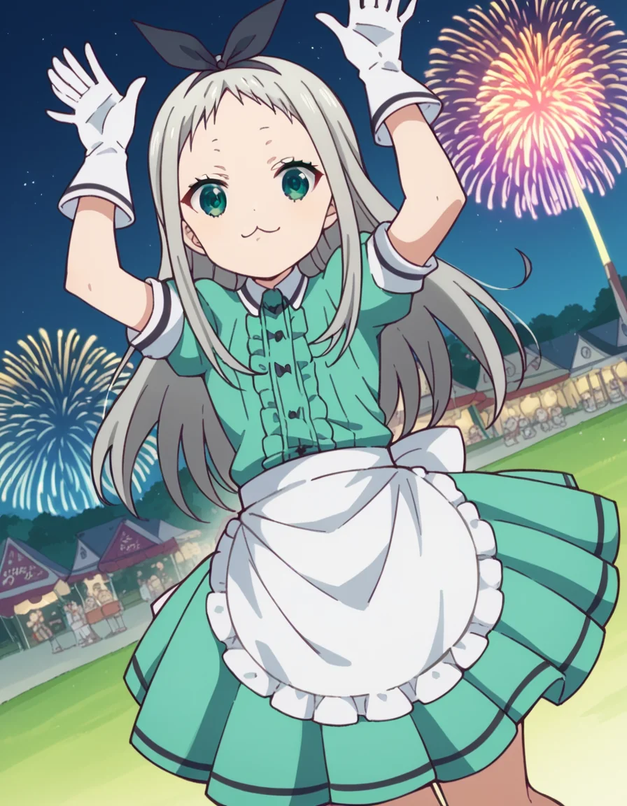 score_9, score_8_up, score_7_up, source_anime, <lora:hideri-kanzaki-s1-ponyxl-lora-nochekaiser:1>, hideri kanzaki, long hair, bow, green eyes, hair bow, grey hair, male focus, hairband, black hairband, otoko no ko, forehead,, gloves, dress, short sleeves, frills, puffy sleeves, white gloves, apron, puffy short sleeves, waist apron, white apron, frilled apron, waitress,, festival, fireworks, summer night, food stall, traditional, arms up,, , , elbow out, foot on ground, hand on waist, solo,, cowboy shot, dutch angle