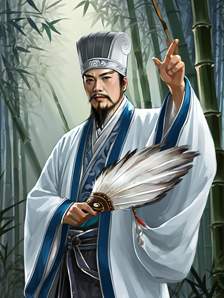 Digital illustration, ancient Chinese scholar, traditional attire, embroidered robe,  zhugeliang man,  traditional headwear, white and blue palette, gesturing hand, intense gaze, meticulous details, historical figure, standing pose, feather fan,  in bamboo forest <lora:three_kingdoms:0.8>