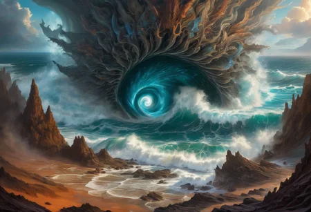 chaotic raging ocean waves crashing together, water droplets midair revealed as interdimensional gateways into parallel realms, one bead a endless fractal tunnel, another a dragon soaring over volcanic badlands, droplet containing primordial cellular genesis swirling into new lifeforms
