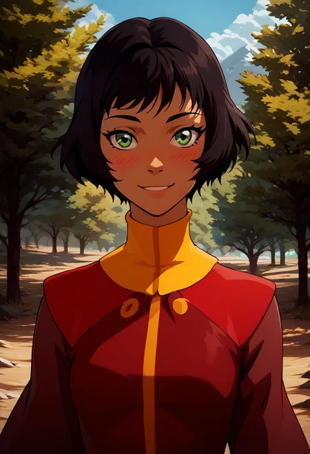 score_9, score_8_up, score_8, medium breasts, (curvy), cute, eyelashes,
rating safe,
BREAK,
bbOpal, green eyes, 1girl, solo, looking at viewer, blush, short hair, black hair, outdoors, tree, red military uniform,
,BREAK,
smile, looking at viewer, upper body,
abstract background,
zPDXL, Expressiveh