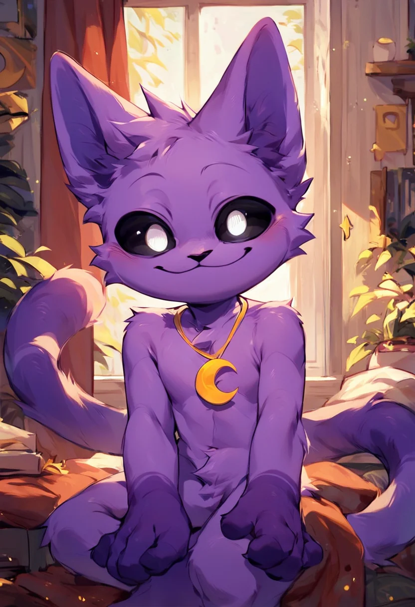 score_9, score_8_up, score_7_up, high quality, hires, catnap, poppy_playtime, furry, male, solo, black sclera, white eyes, long tail, cute, chibi, yellow crescent-shaped necklace, smile, looking at viewer, room, <lora:Cat_Nap_Poppy_Playtime:1>