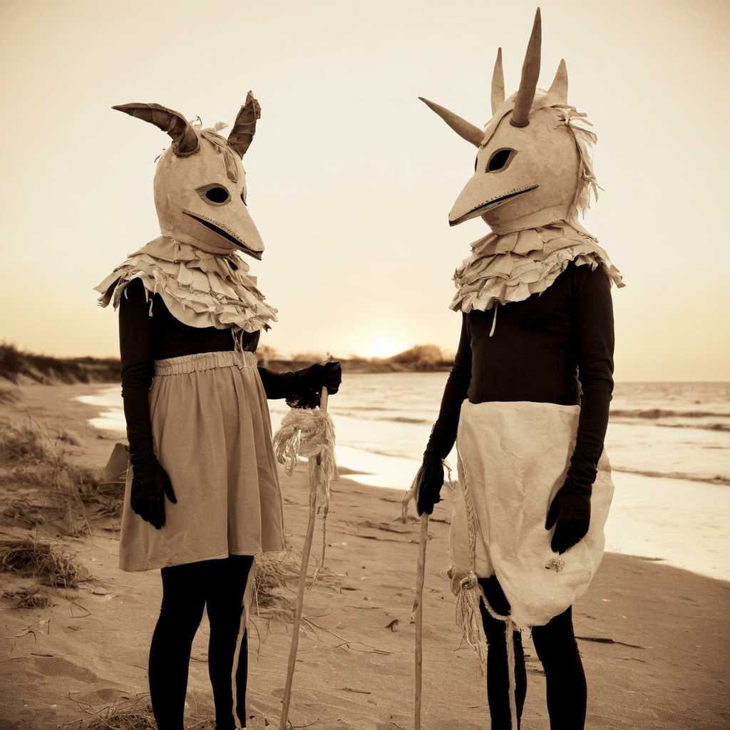 <lora:SDXL_Mask_Sa_May:1> mask, mask two people dressed in costumes standing on a beach, sunset. art, sepia