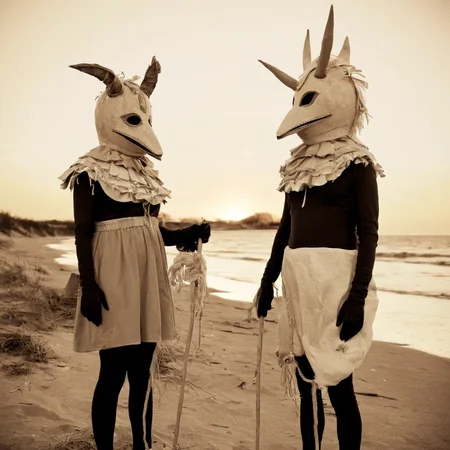 <lora:SDXL_Mask_Sa_May:1> mask, mask two people dressed in costumes standing on a beach, sunset. art, sepia